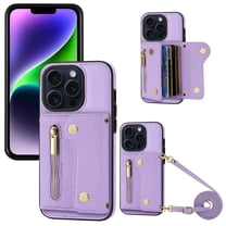 Wallet Case for iPhone 15 Pro Max, Classic Lychee Texture PU Leather Purse Case with Accordion Card Slots, Protective Crossbody Flip Cover with Zipper Shoulder Strap Lanyard, Purple