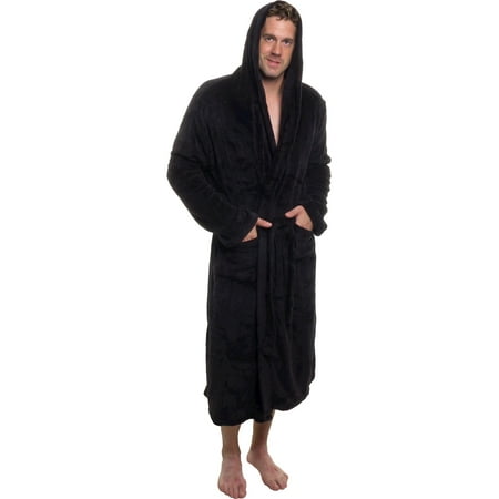 ROSS MICHAELS Mens Plush Shawl Collar Kimono Hooded Bath Robe (Black, S/M)
