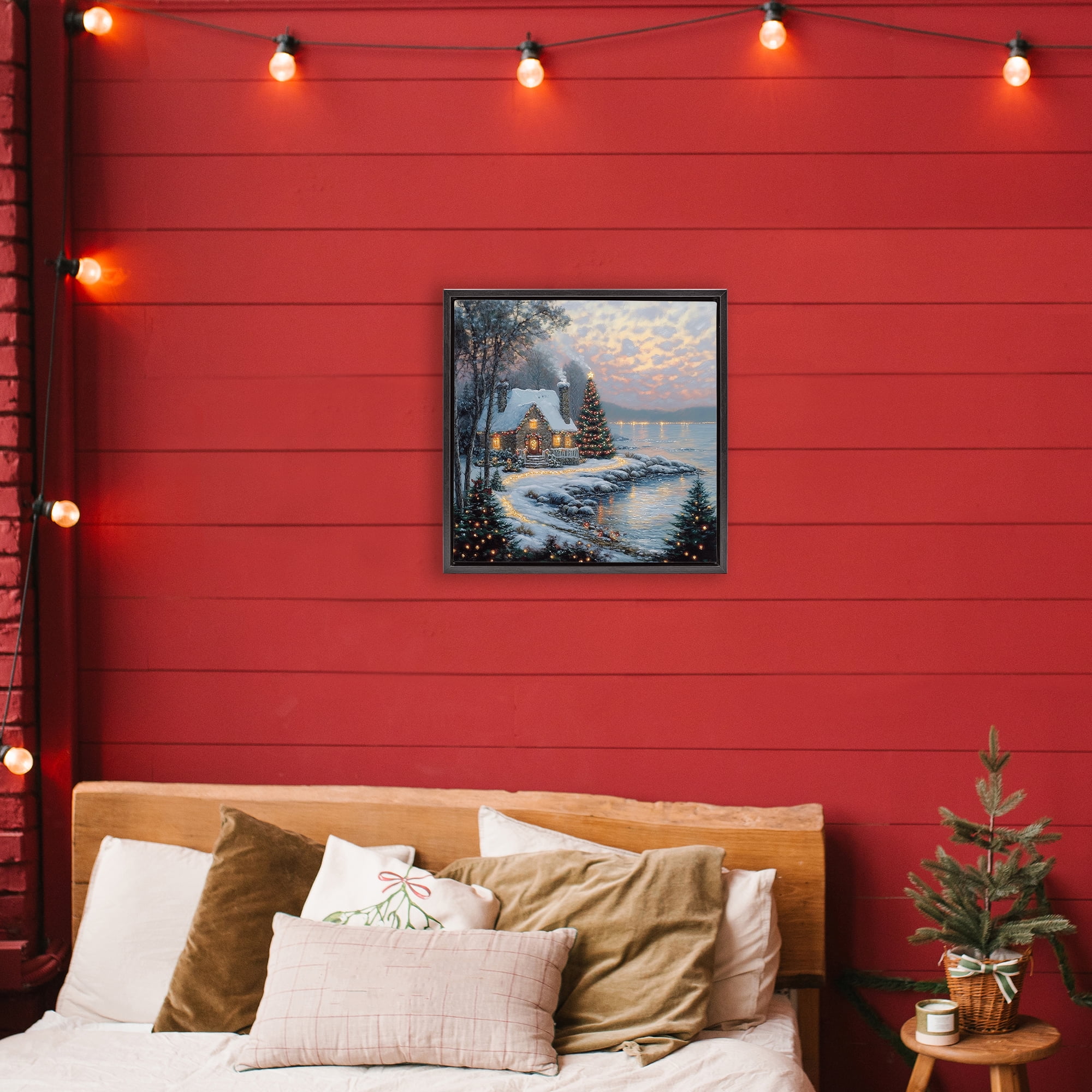 Stupell Industries Snowy Lit Cottage by Lake Black Framed Floater Canvas Wall Art, design by Heidi Kuntz