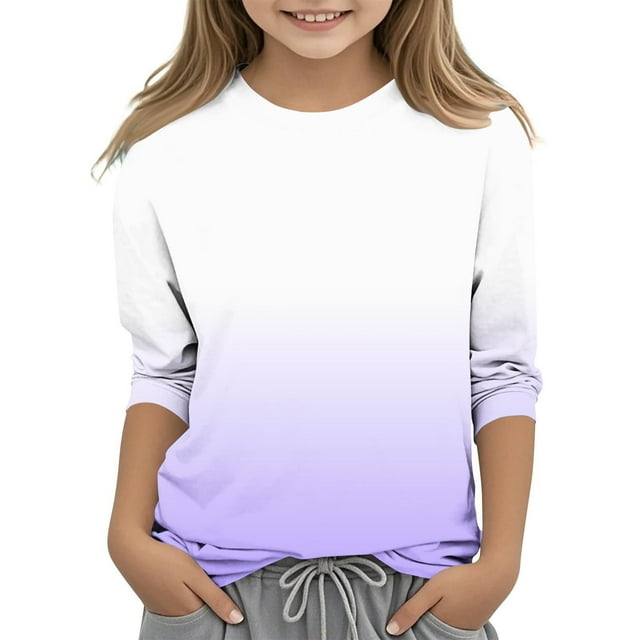 Plebaso T-Shirts à Manches 3/4 pour Filles, Dégradé de Couleur, Col Rond, Printemps 2025, Blouses Décontractées pour Enfants