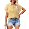 thumbnail image 1 of Uooqdmx Chemise Boutonnée pour Femmes, Hauts en Lin pour Femmes, T-Shirts Basiques pour Femmes, Chemise Décontractée à Manches Courtes Unie, Hauts de Sortie pour Femmes, Jaune 5TG, 1 of 4