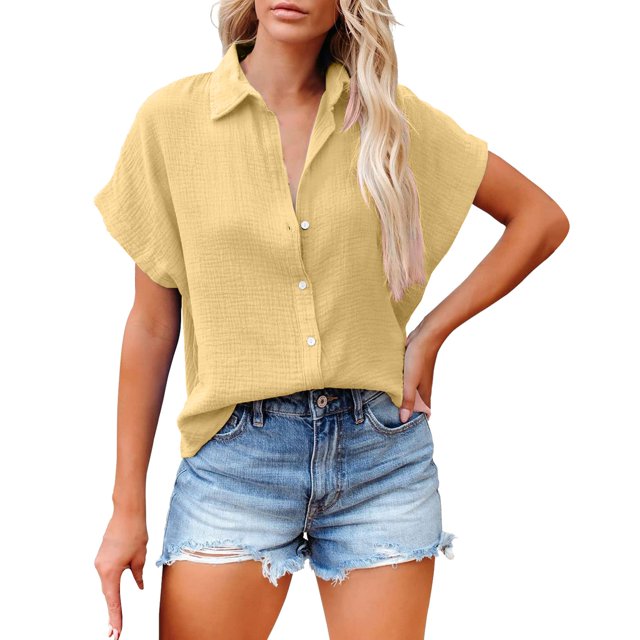 Uooqdmx Chemise Boutonnée pour Femmes, Hauts en Lin pour Femmes, T-Shirts Basiques pour Femmes, Chemise Décontractée à Manches Courtes Unie, Hauts de Sortie pour Femmes, Jaune 5TG