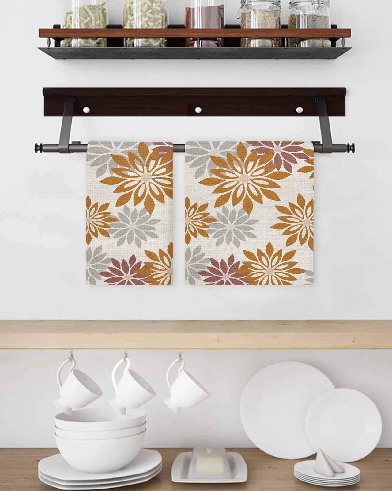 Geometric Flower Kitchen Dish Towels for Drying Dishes Set of 3, Vintage Country Floral Orange Grey on Linen Waffle Weave Microfiber Hand Tea Bathroom Towels Quick Dry & Absorbent Towel 15.7x23.6