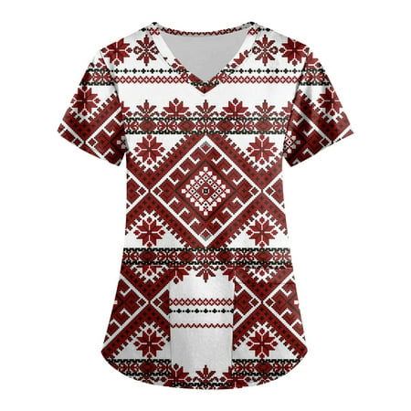 

TQWQT Women s Aztec Printed Scrub Tops Plus Size V-Neck Western Ethnic Graphic T Shirts Workwear Nurse Uniform Tee with Pockets