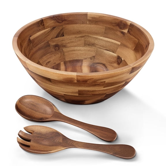Tidita 12" Salad Bowl Set with Serving Utensils, Solid Wood, Generous Size Solid Acacia Wood, Large 12" Salad Bowl, Cone Shape, Includes 2 Serving Spoons, Smooth Finish, Easy to Clean, Large Capacity