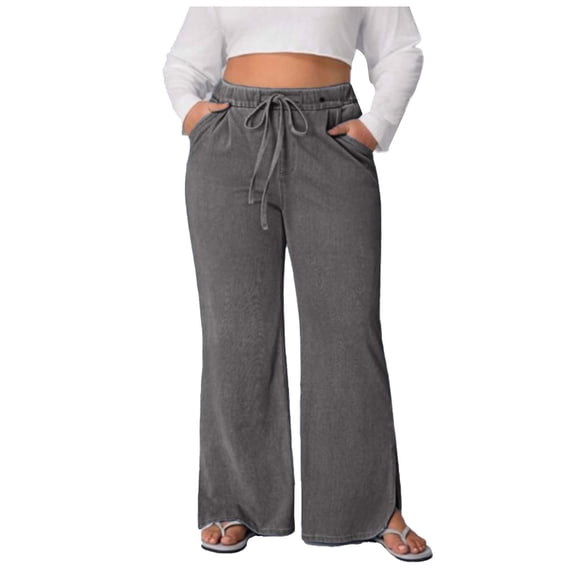 Kilaqueen Jeans for Women Drawstring High Waisted Side Split Wide Leg Denim Pants with Pockets Plus Size Casual Solid Color Stretch Loose Fit Pants