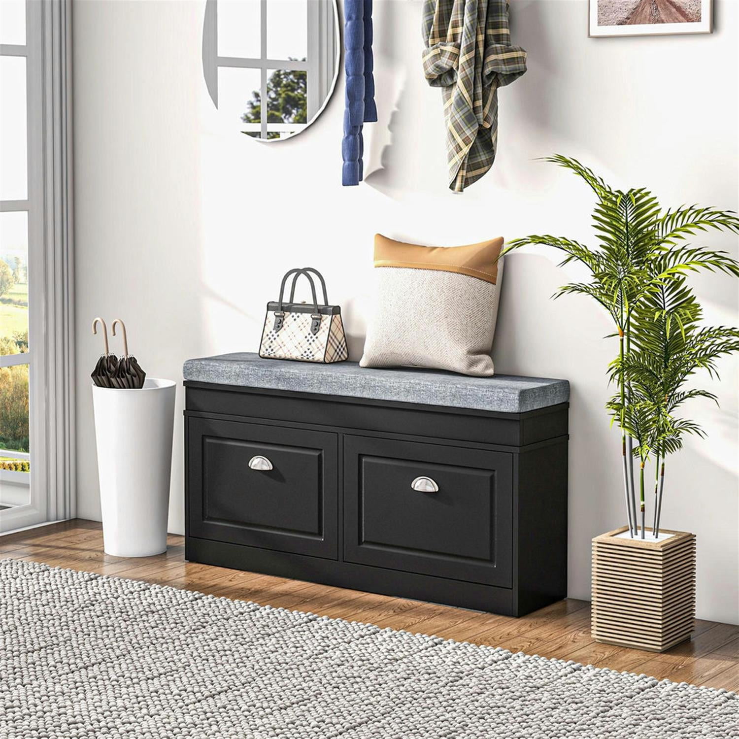 Demi Bonn 41" Modern Storage Bench with Cushion, Entryway Bench, 2 Drawer Ottoman, Large Capacity for 8 Pairs Shoes, Black