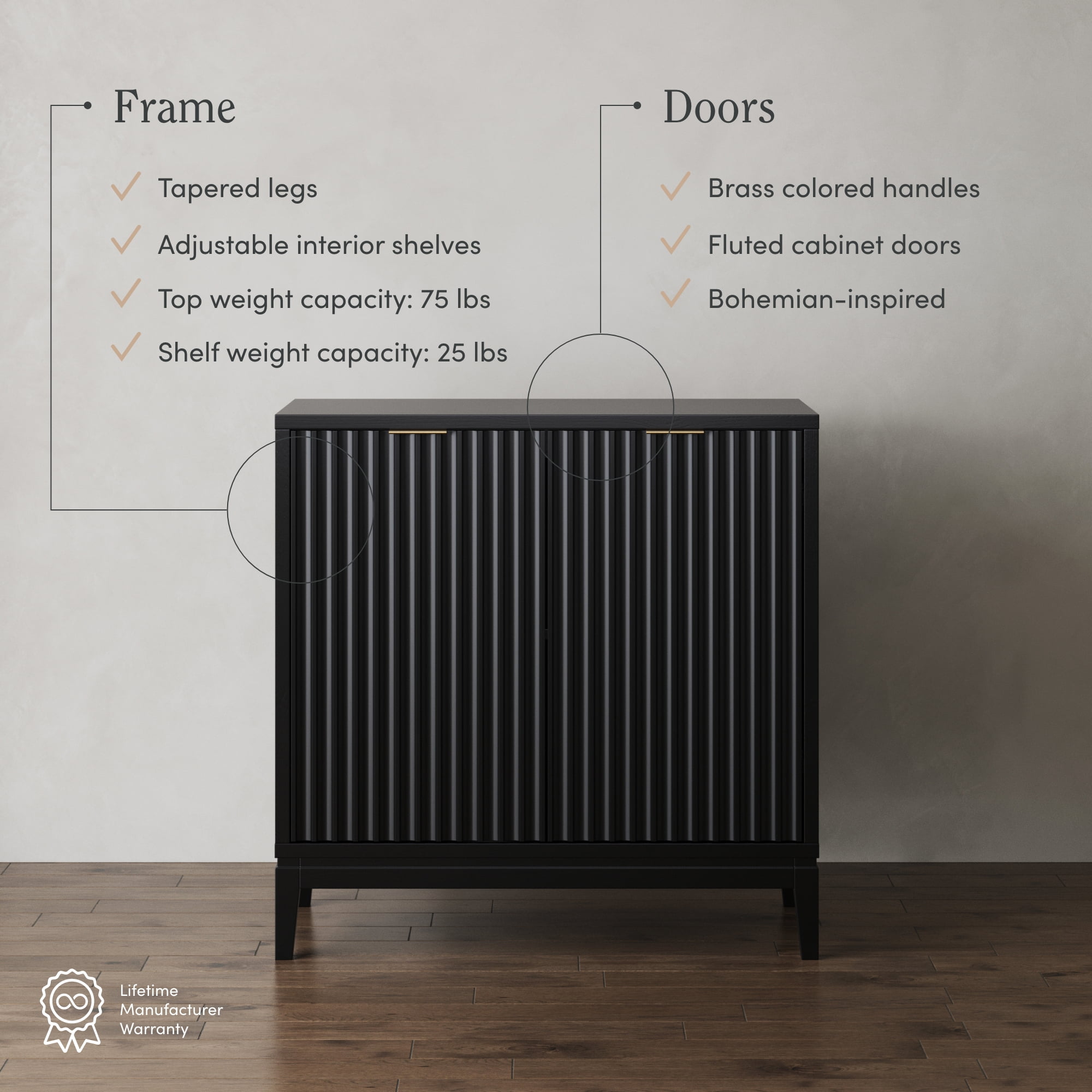Nathan James 71804 Jasper Modern Sideboard Storage Accent Cabinet with Fluted Doors, Black Oak