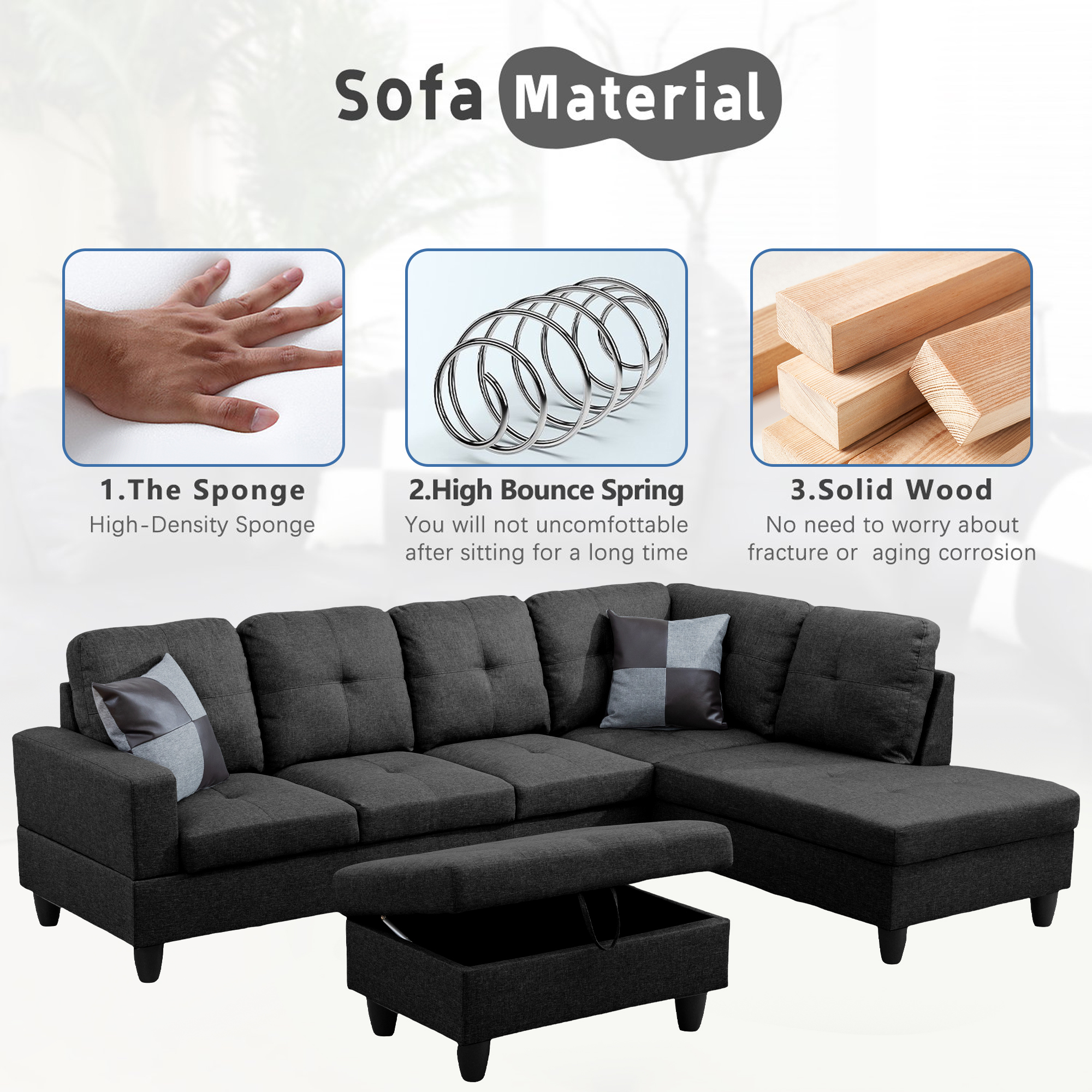 Aukfa 103" Sectional Sofa with Storage Ottoman, L Shape Couch for Living Room, Right Facing Chaise, Linen, Dark Gray