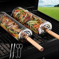 UU&T Rolling Grilling Basket, Nesting Grill Baskets 2 PCS Fitted with Wooden Handles Outdoor, BBQ Stainless Steel Camping Grill Mesh Cylinder, for Vegetables Fish Meat, Grilling Gifts