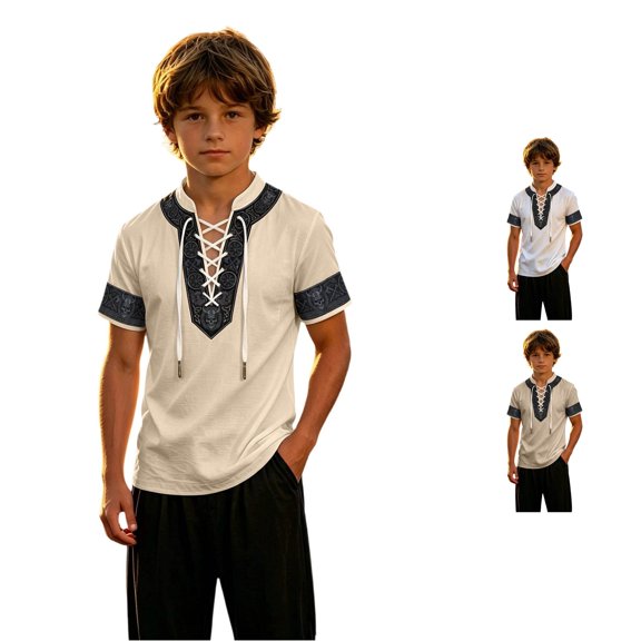 Zylarhe Kids Halloween Tops Fun Graphic Short Sleeve Tee with Boat Print for Boys Beige 5-6 Years