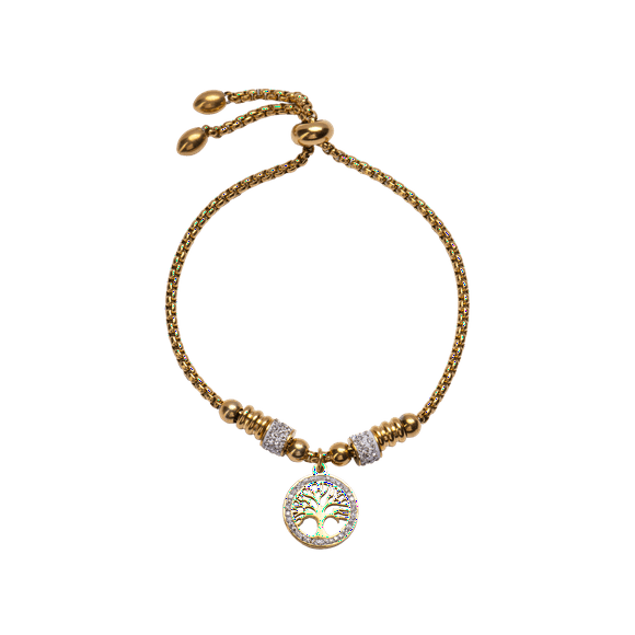 Pulsera para Mujer con Dije de Árbol de la Vida LuckyLy Acero Inoxidable con Zirconia Cúbica Modelo Pía Dorado UNITALLA