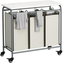 3 Bag Laundry Basket Sorter Heavy Duty Rolling Lockable Wheels Laundry Hamper Cart with Ironing Board and Removable Bags, Beige
