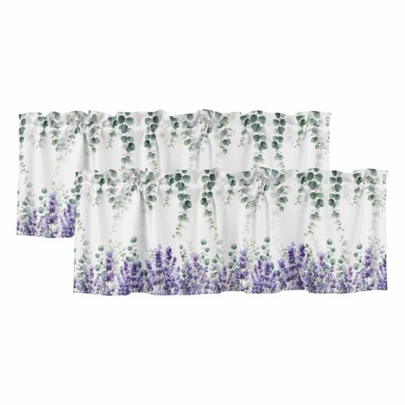 Eucalyptus Lavender Curtain Valances for Windows, Kitchen Valance Window Treatments Panel 2 Pack, Botanical Watercolor Flowers Leaves Rod Pocket Short Curtains for Bathroom Bedroom 42 x 18 Inch
