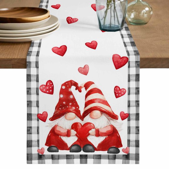 Valentine's Day Cotton Linen Table Runner for Dining Kitchen, Red Gnomes Couple Love Heart Black Checkered Wedding Outdoor Party Tablerunners, Dresser Scarf Coffee Tablecloth Runners 13x70 Inches