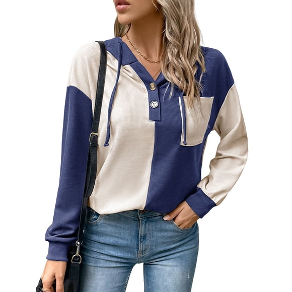Women'S Hoodies Button Collar Drawstring Hooded Pullover Sweatshirt Casual Long Sleeve Tops Shirts Navy Blue XL