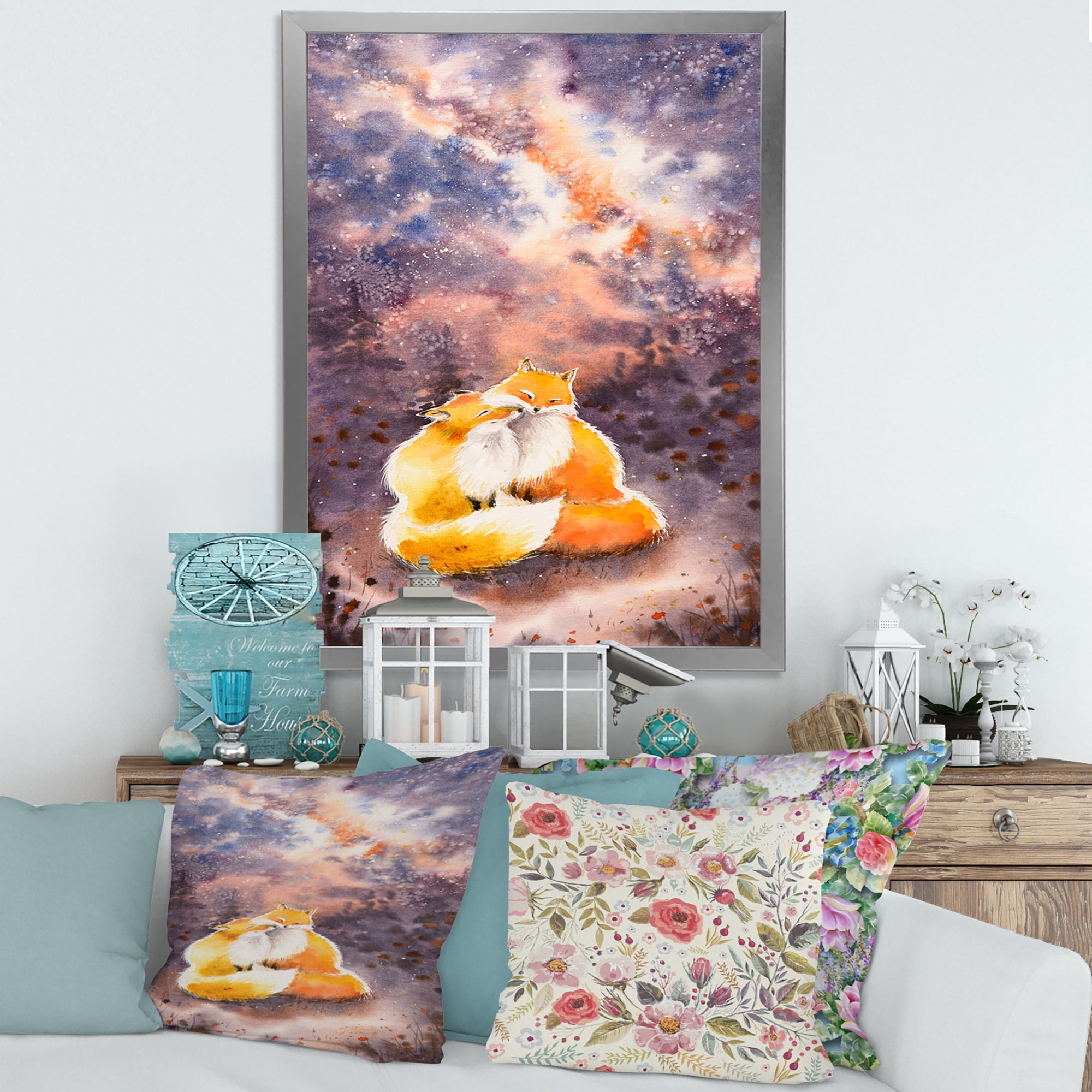Designart 'Foxes Over A Night Sky Hugging ' Children's Art Framed Art Print