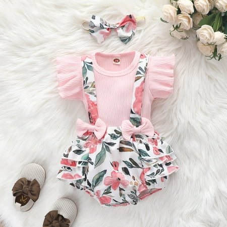 

Girl Clothes Romper Floral Suspender Shorts T Shirt Top Ruffle Sleeve Outfit Jumpsuit Headband Set 0-12M