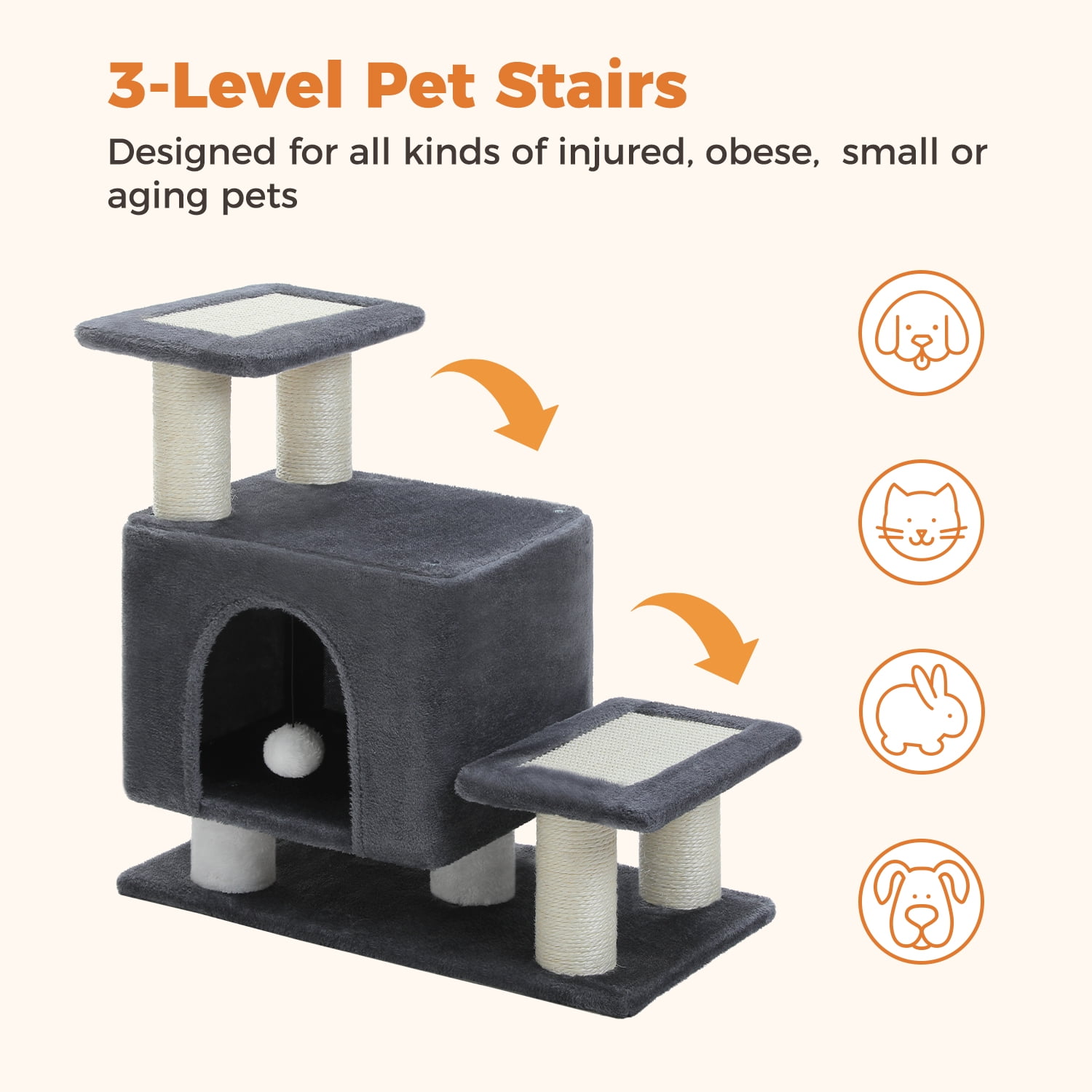 PAWZ Road 21.3" Dog Stairs with Scratching Post 3-Step Pet Stairs with Cat Condo for Small Dog Dark Gray