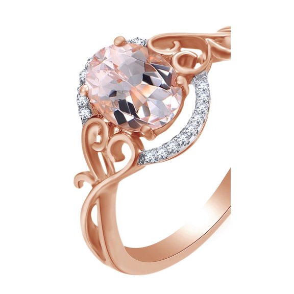 AFFY 1 Ct Simulated Morganite & White Natural Diamond Vintage Engagement Wedding Ring in Rose Gold Ring Size - 10.5