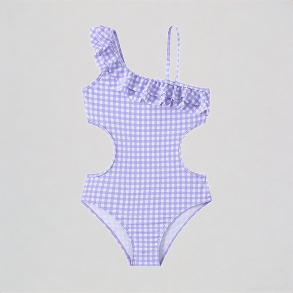 REDARER Girls One-Piece Swimsuit: Plaid Print, One-Shoulder Ruffled Trim & Cut-Out Design – Stylish Summer Beach Bathing Swimwear,7-8 Years