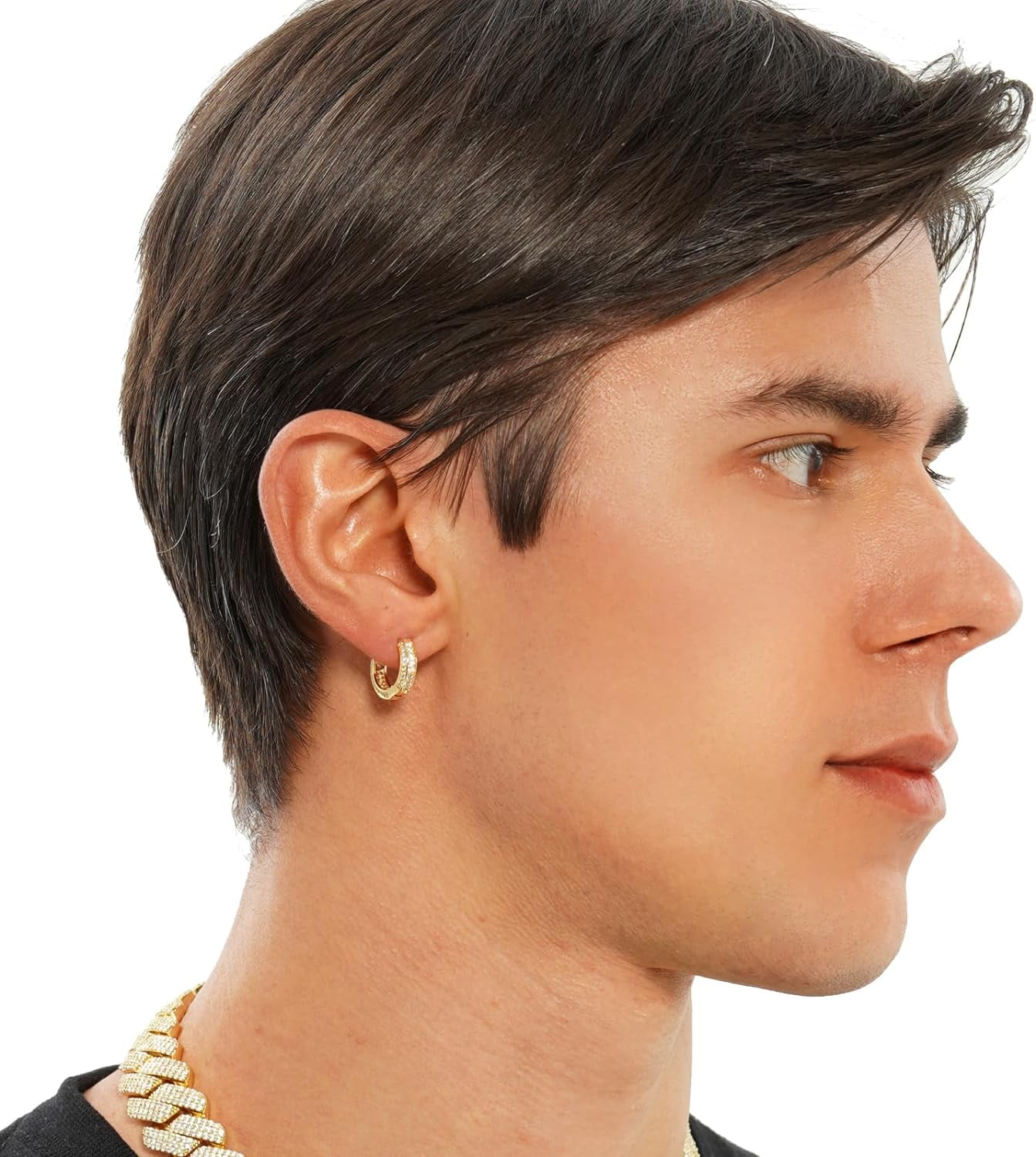 Leander Iced Out Hoop Earrings Cubic Zirconia Huggie Cartilage Cuff Hypoallergenic 14K Gold Plated Luxury Fashion Round Circle Earrings For Men Women