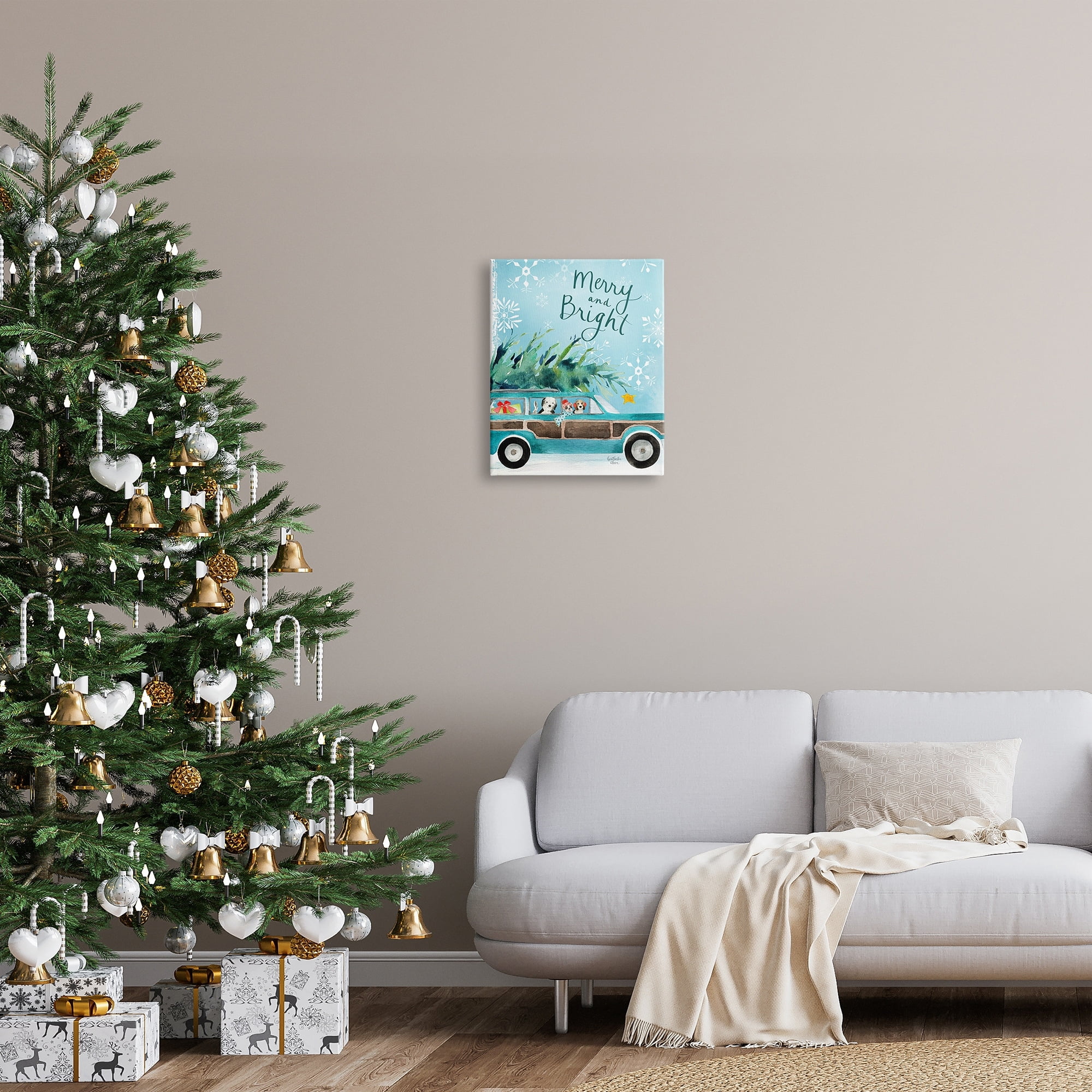 Stupell Industries Merry & Bright Christmas Scene Holiday Puppies Graphic Art Gallery Wrapped Canvas Print Wall Art, Design by Heatherlee Chan