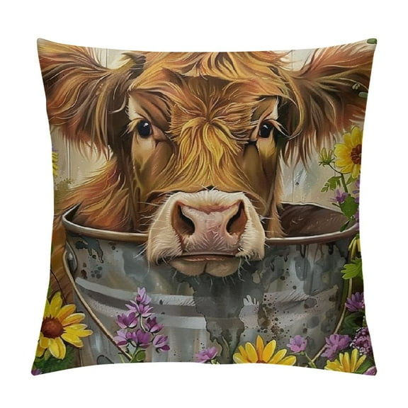 Qinduosi Highland Cow Pillow Covers - Highland Cow Gifts for Women, Decorative Sunflower Cow Pillow Covers , Highland Cow Decor, Summer Flower Decor