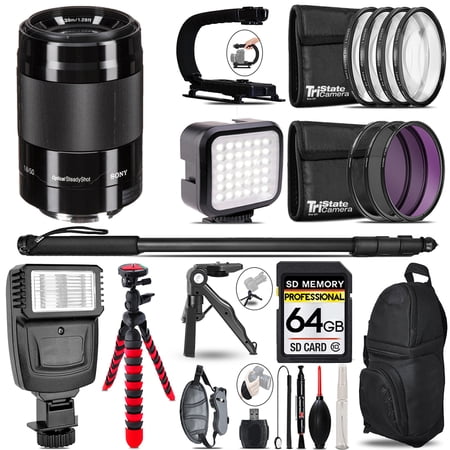Sony E 50mm f/1.8 OSS Lens (Black) - Video Kit + Slave Flash + Monopad - 64GB Accessory Bundle
