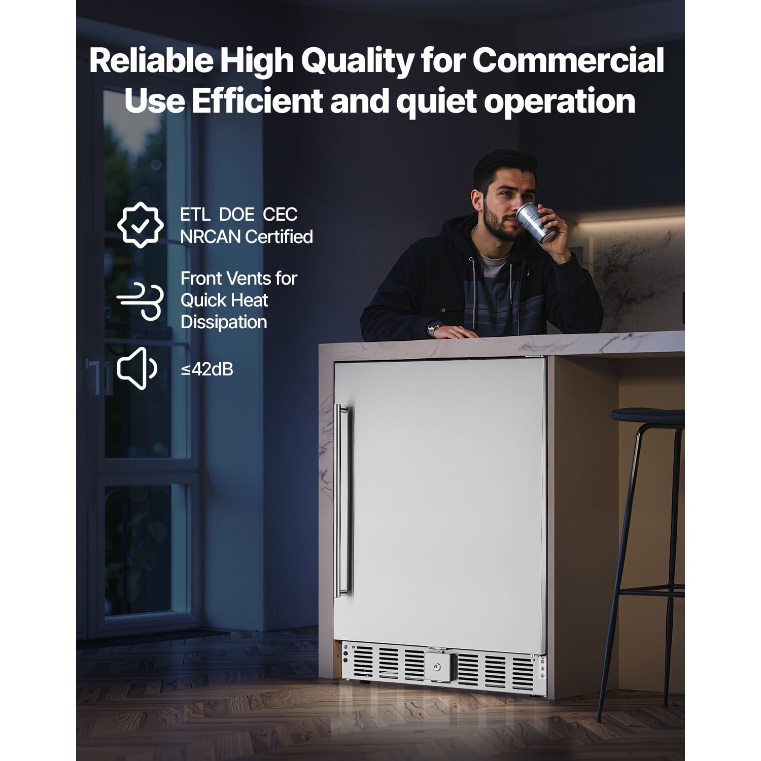 KFFKFF 24 Inch Under Counter Refrigerator, 180 Cans Beverage Refrigerator for Patio & Kitchen, Beverage Cooler for Home & Commercial Use