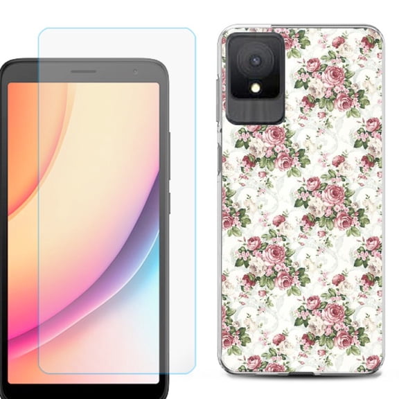For TCL K11 Phone Case Cover, Shockproof Case with Tempered Glass Screen Protector, by OneToughShield - Floral/Rose