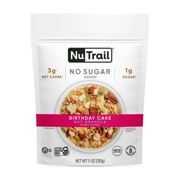 NuTrail Nut Granola, Birthday Cake, No Sugar Added, Gluten Free, Grain Free, Keto, Low Carb, Healthy Breakfast Cereal 11 oz. 1 Count
