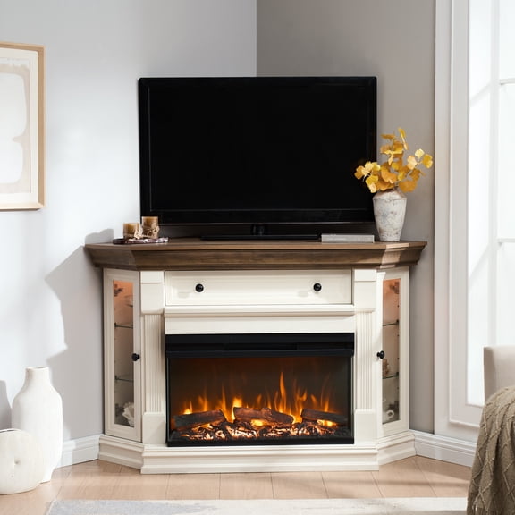 KeyWhat 57" Farmhouse Corner Fireplace TV Stand for 65" TV, 30" 3D Electric Fireplace, 2-in-1 Corner or Flat-Wall Top