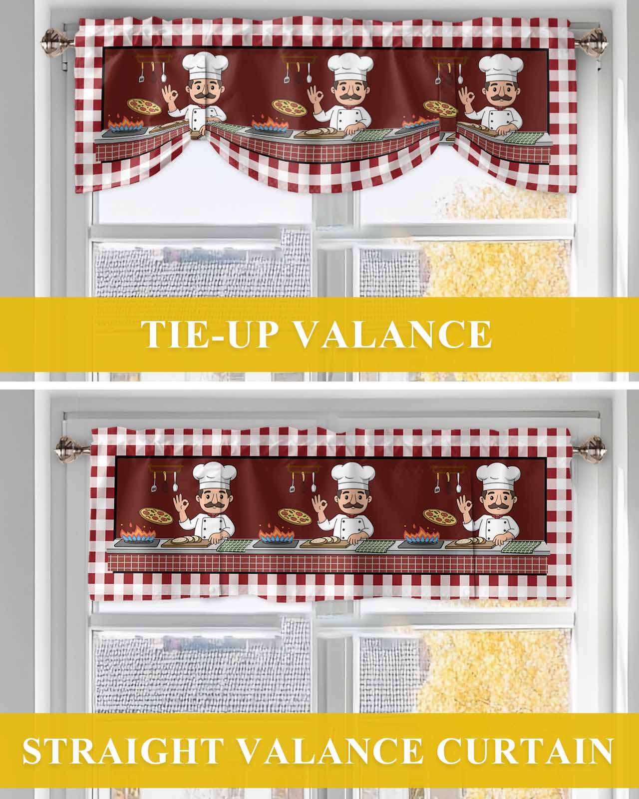 Chef Gourmet Kitchen Tie Up Valances Curtain, Adjustable Kitchen Knife And Fork Red Plaid Valances for Windows Decor, Rod Pocket Short Curtains Set for Bedroom/Bathroom, 54"x18"