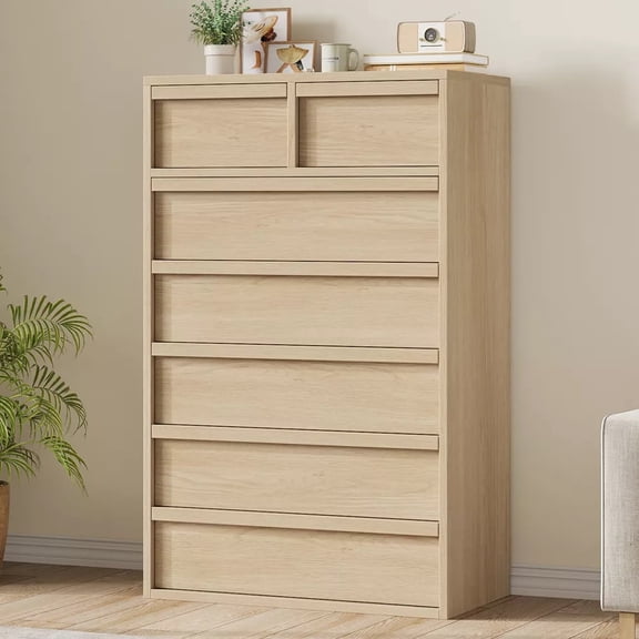 CABIHOME Tall 7 Drawer Dresser, Modern Wooden Chest of Drawers with Storage Freestanding, for Home Office, Natural