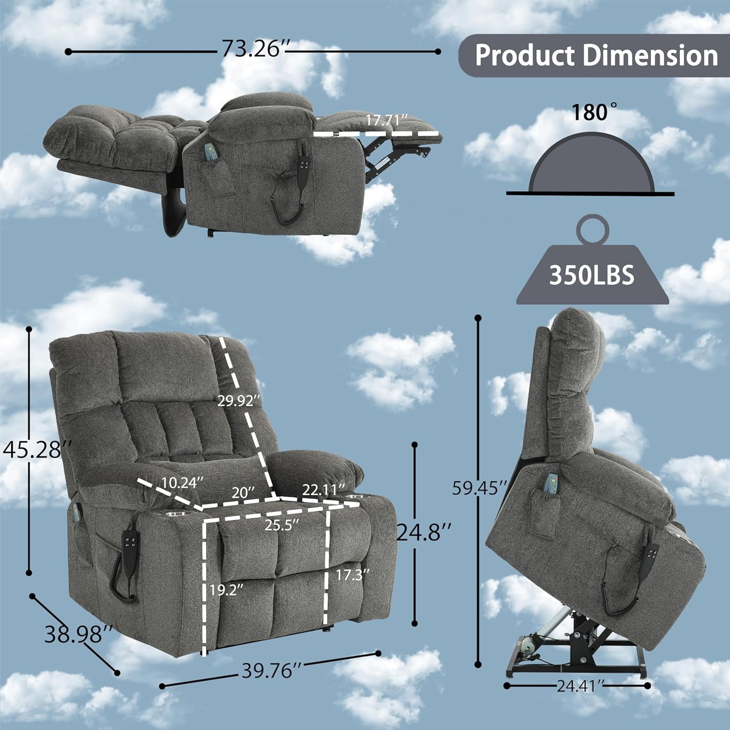 REHOUSING Adult Chenille Living Room Power Lift and Massage Heat Recliners with Cup Holders and Side Pockets, Gray