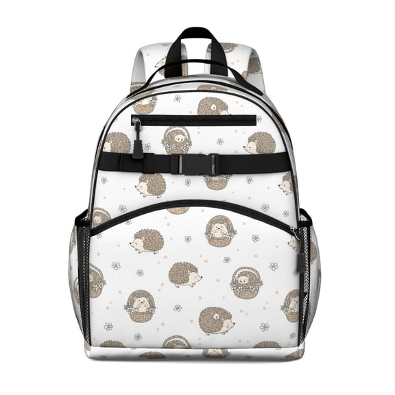 Hedgehog and Basket White Pattern Cute School Backpack Bag for School with Padded Back and Adjustable Shoulder Straps 15.25"x11.5"x5.25"