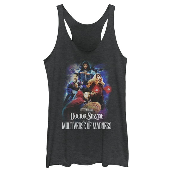 Women's Marvel Doctor Strange in the Multiverse of Madness Distressed Group Shot Racerback Tank Top Black Heather 2X Large