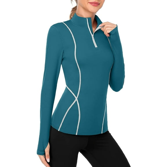 Women's Long Sleeve Workout Tops Zip Thumb Hole Athletic Running Sweatshirt Rash Guard Pullover