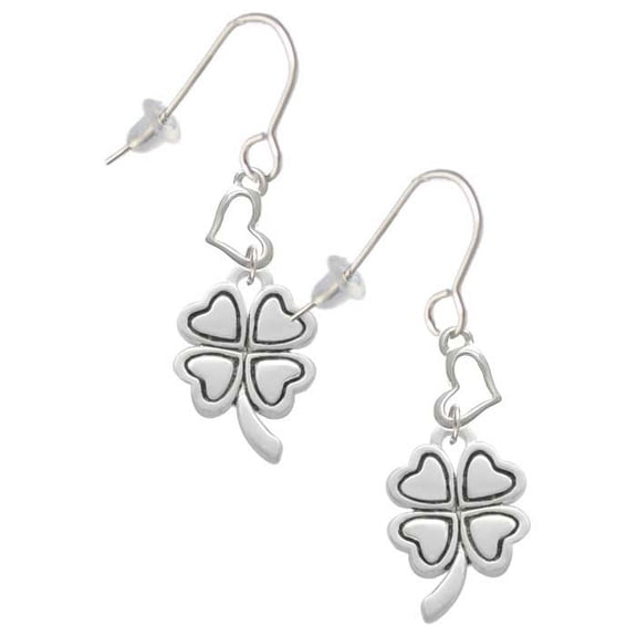Silvertone Antiqued Four Leaf Clover Heart French Earrings