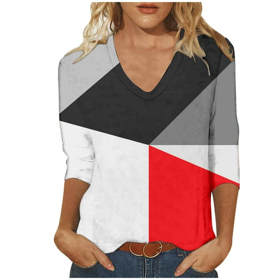Fesfesfes Womens Oversized Tshirts New Women's V-neck Slim Three Quarter Sleeve Digital Printed T-shirt Top Shirts for Women L(US:8)