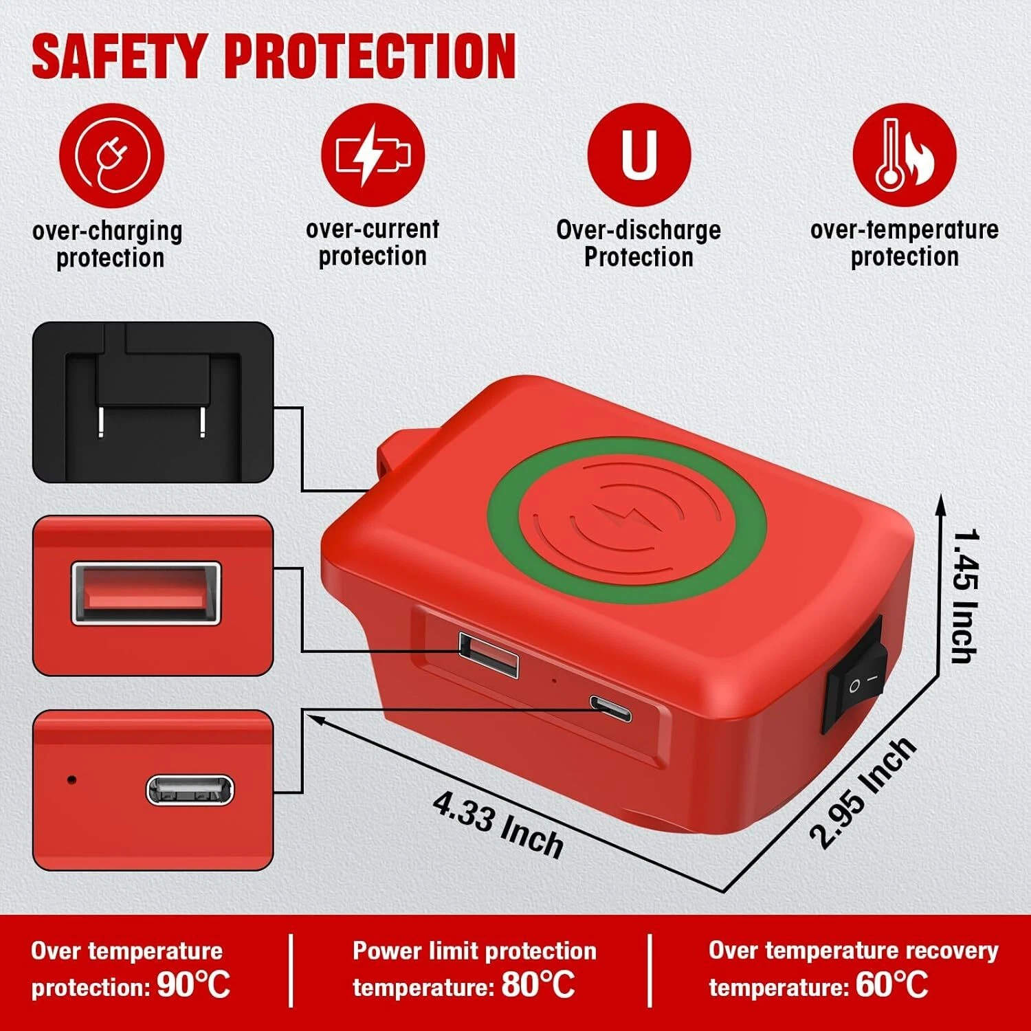 Wireless Charger Adapter for Milwaukee 18V Battery 15W for Phone with Type C USB