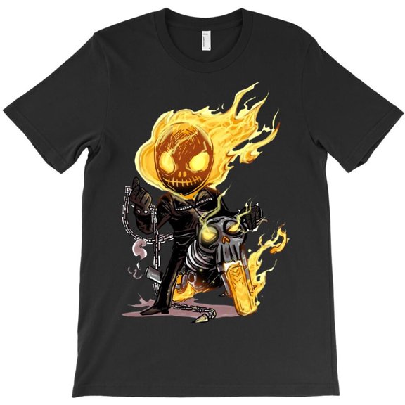Flaming Skeleton Head Biker Ghost Graphic Tee, Funny Motorcycle Phantom H39917 Unisex T-Shirt, Up to 5XL Available