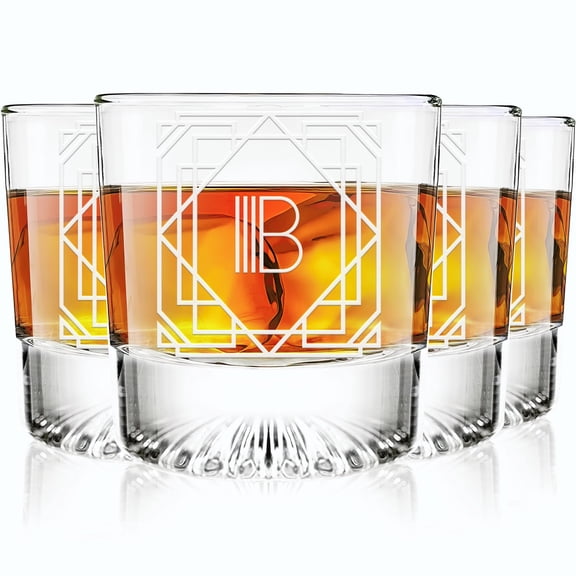 Greenline Goods - Monogram Art Deco Etched Letter B Whiskey Glass Perfect for Bourbon, Scotch, Liquor, Cocktail - Crystal Whiskey Glasses Set of 4 - Best Tasting Experience with Vintage Rocks Glasses