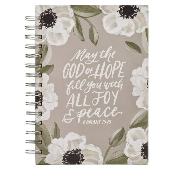 Christian Art Gifts Inspirational Journal, May the God of Hope Fill You With All Joy Wide Ruled Notebook, Rom. 15:13 Bible Verse, Pastel Gray Florals, 192 Lined Pages w/scripture, (8.4” x 6.4” x 1”)