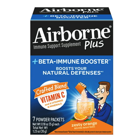 Airborne Plus Beta Immune Booster Packets with Vitamin C, Zesty Orange - 7 Powder