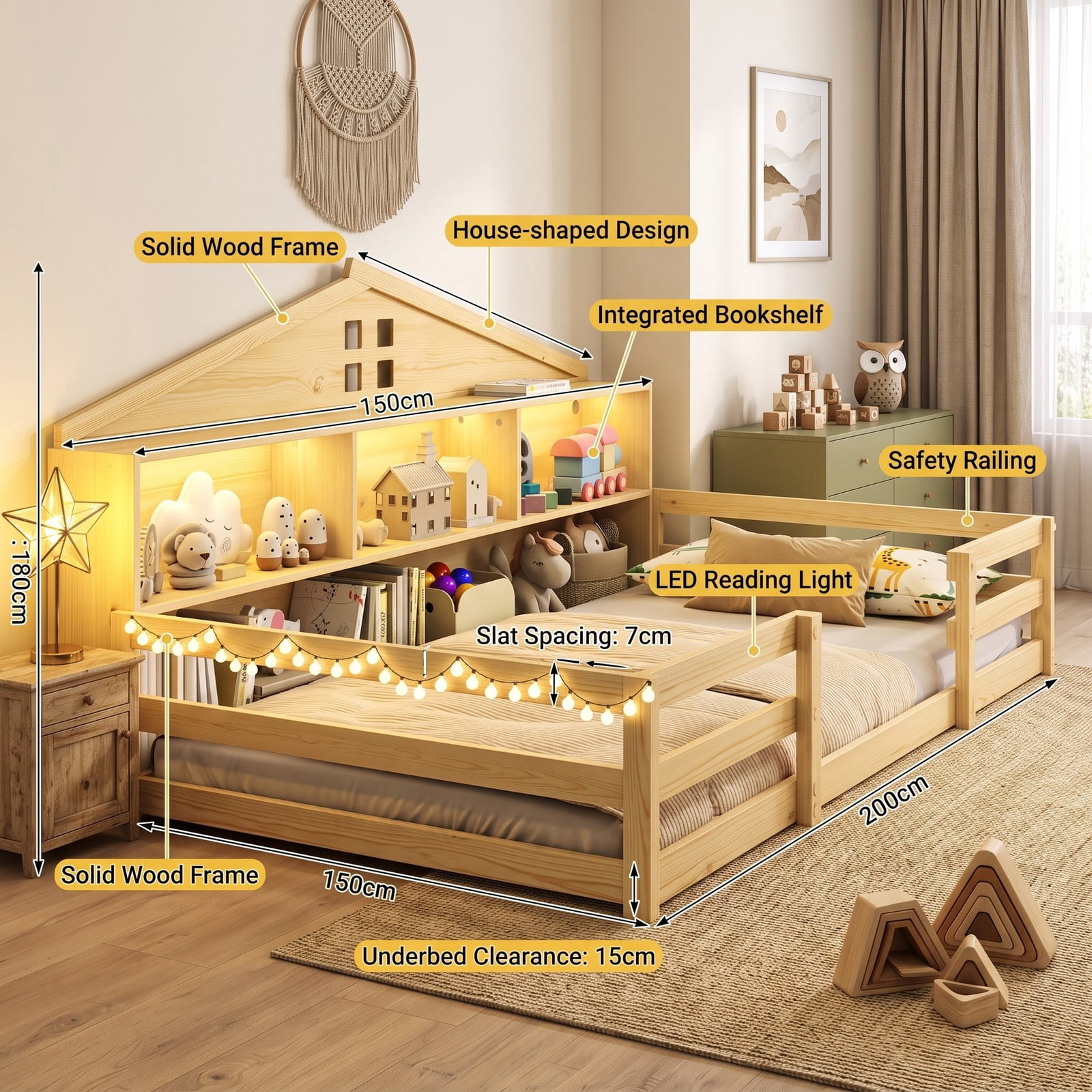 Furnibear Twin Bed Frame Montessori Floor Bed for Kids, House Bed with Headboard Storage and Open Shelf, Low Wood Twin Bed Frame for Bedroom, Natural