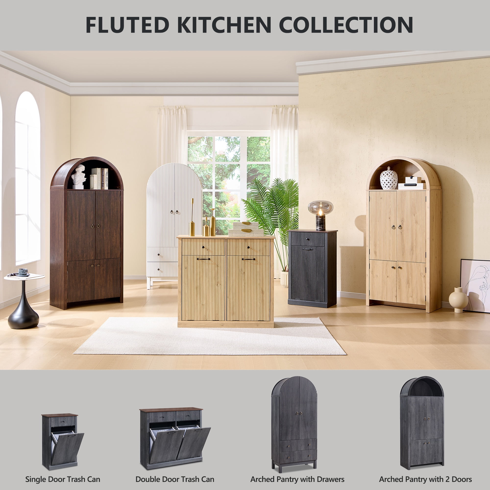 Aitjunz Fluted Arched Pantry Storage Cabinet, 71'' Kitchen Tall Cabinet with 2 Doors & 2 Large Drawers, Wooden Cabinet w/Adjustable Shelves for Dining Room and Living Room, Natural