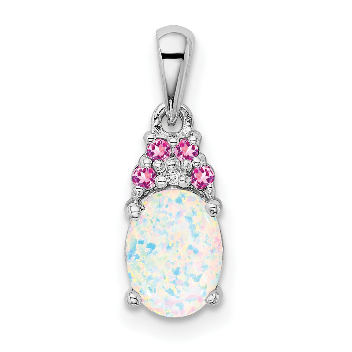 Solid Sterling Silver Rhodium Plated 7 Millimeter Neon Pink Simulated Opal Pendant Necklace