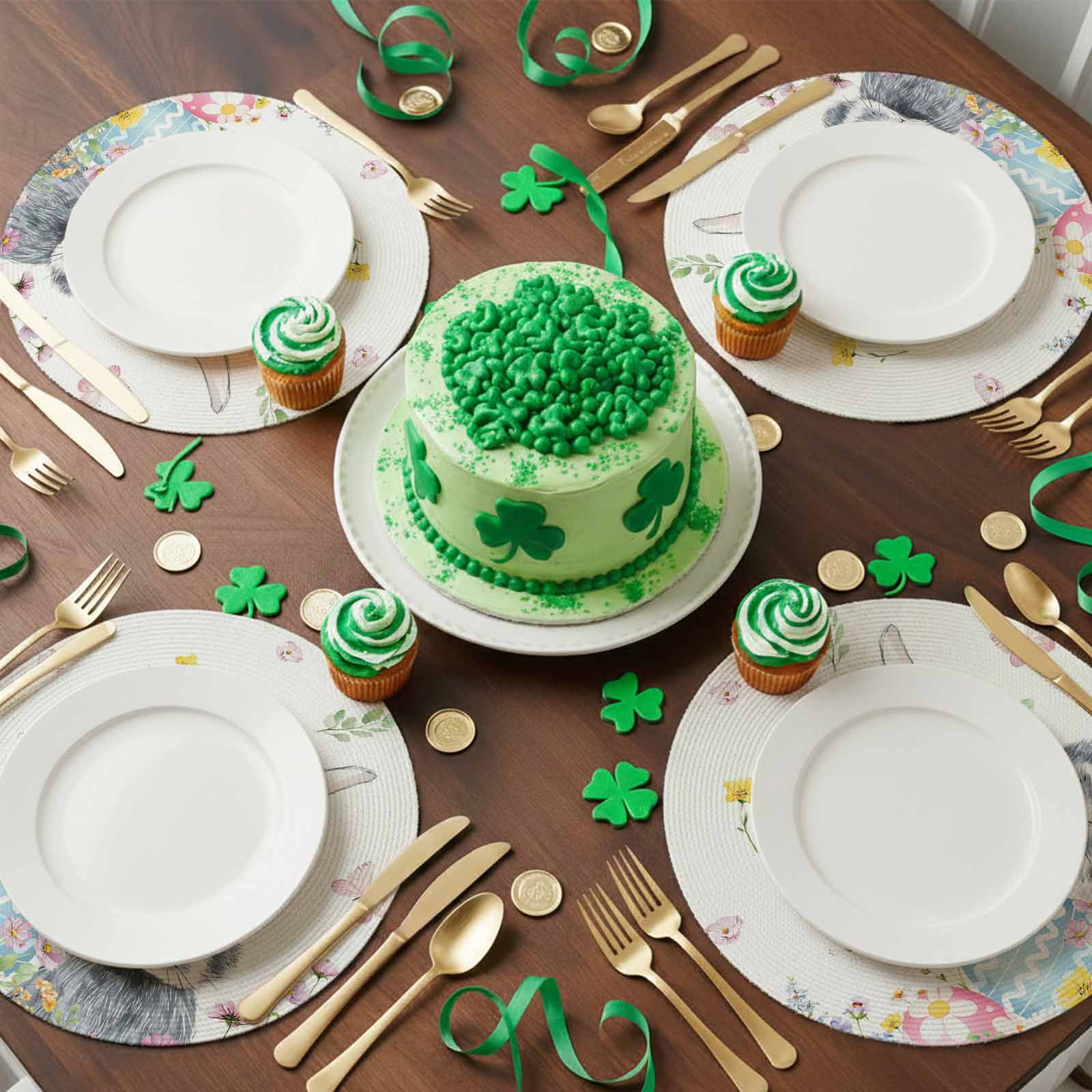 Round Woven Placemats set of 4, Easter Washable & Heat Resistan-t Plastic Wipeable Placemats for Round Table Easter Bunny Color Eggs Spring Floral Kitchen Dining Table Decor, 15in, White